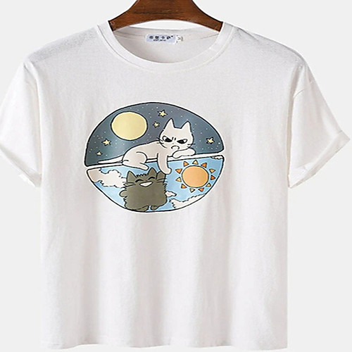 

Men's Unisex Tee T shirt Hot Stamping Cat Sun Plus Size Print Short Sleeve Casual Tops Cotton Basic Designer Big and Tall White Black