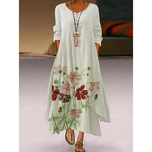 

Women's Swing Dress Maxi long Dress White 3/4 Length Sleeve Floral Print Print Spring Summer Round Neck Casual Vintage Daily Loose 2021 S M L XL XXL XXXL 4XL 5XL