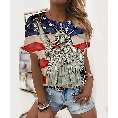 

Women's Painting T shirt Striped Graphic American Flag Print Round Neck Basic Tops Blue