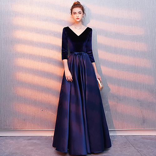 

A-Line Minimalist Vintage Wedding Guest Formal Evening Dress V Neck 3/4 Length Sleeve Floor Length Satin Velvet with Sleek 2021