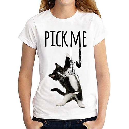 

Women's Cat Painting T shirt Cat Letter Animal Print Round Neck Basic Tops White