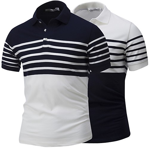

Men's Golf Shirt Tennis Shirt Striped Button-Down Short Sleeve Street Tops Cotton Business Casual Comfortable White Navy Blue