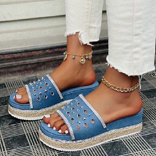 

Women's Sandals Espadrilles Platform Sandals Platform Round Toe Denim Rhinestone Solid Colored Black Blue Dark Blue
