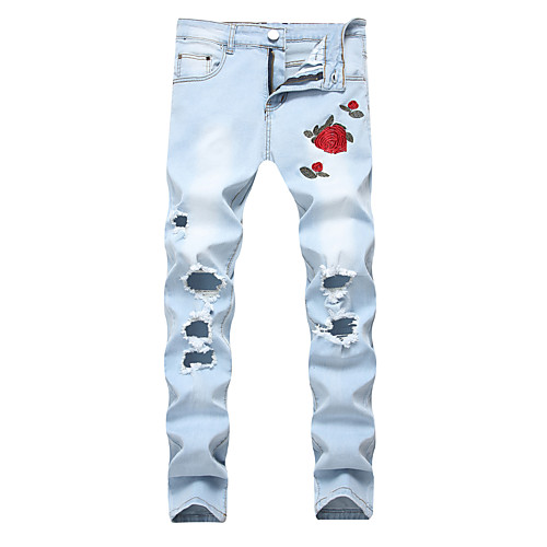 

Men's Chino Ripped Casual Daily Skinny Jeans Pants Rose Full Length Embroidered Pocket Hole Black Light Blue