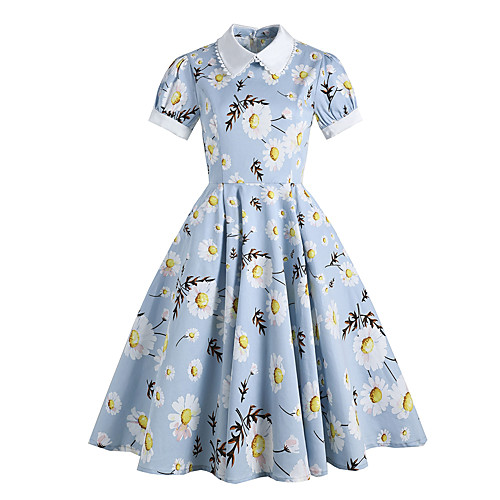 

Women's Swing Dress Knee Length Dress Light Blue Short Sleeve Flower Spring Summer Vintage Daily 2021 S M L XL XXL