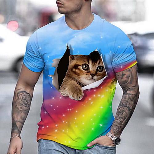 

Men's Tee T shirt Shirt 3D Print Cat Graphic Prints Print Short Sleeve Daily Tops Casual Designer Big and Tall Blue