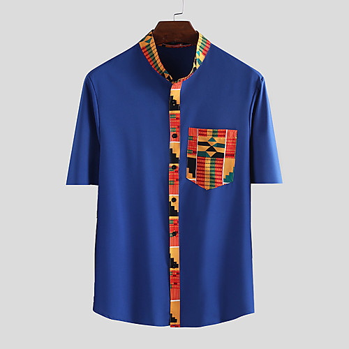 

Men's Shirt Color Block Button-Down Short Sleeve Casual Tops Casual Fashion Breathable Comfortable Black Navy Blue