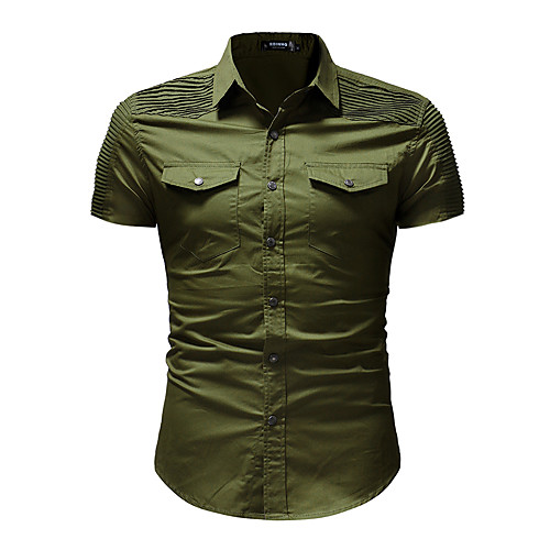 

Men's Shirt non-printing Solid Color Pleated Denim Short Sleeve Casual Tops Simple Lightweight Comfortable Army Green Black Khaki