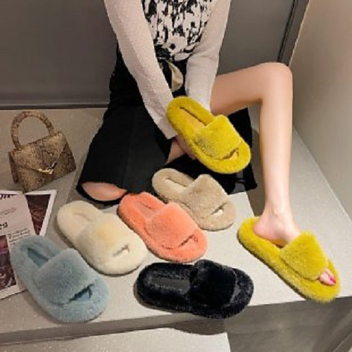 

Women's Slippers & Flip-Flops Flat Heel Round Toe Faux Fur Solid Colored Yellow Black Blue
