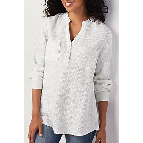 

Women's Blouse Shirt Plain Long Sleeve Pocket Button V Neck Basic Streetwear Tops White Blue Yellow
