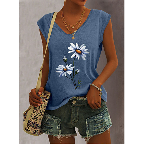 

Women's Beach Camisole Tank Top Vest Flower Print V Neck Streetwear Boho Tops Loose Chiffon Blushing Pink Gray Green