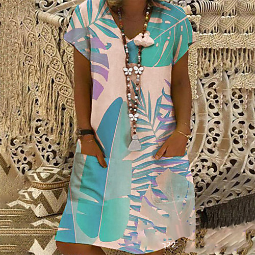 

Women's A Line Dress Knee Length Dress Light Blue Blushing Pink Short Sleeve Tropical Flowers Pocket Print Spring Summer V Neck Casual Loose 2021 S M L XL XXL XXXL 4XL 5XL