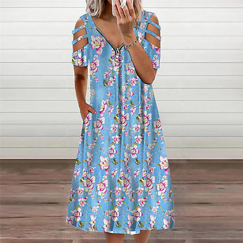 

Women's A Line Dress Midi Dress Light Blue sunflower Blue pink Striped rose Lake blue feathers Blue Green Red Short Sleeve Multi Color Texture Flower Casual Loose 2021 S M L XL XXL 3XL 4XL 5XL
