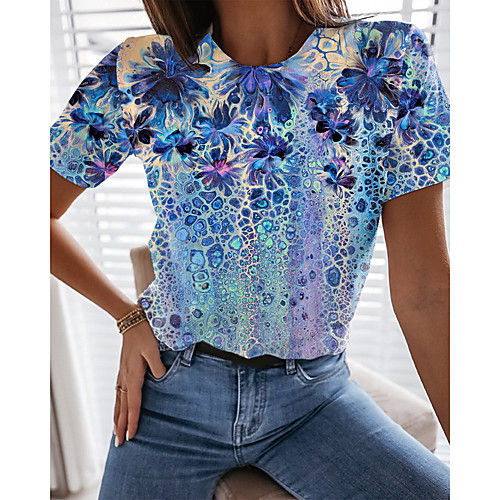 

Women's Floral Theme Abstract Painting T shirt Floral Graphic Print Round Neck Basic Tops Blue