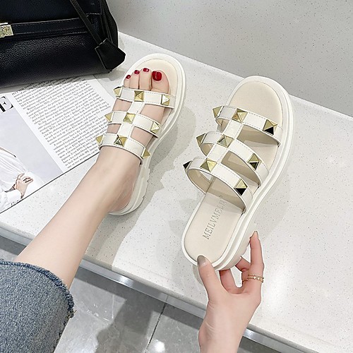 

Women's Slippers & Flip-Flops Flat Heel Open Toe Daily PU White Black