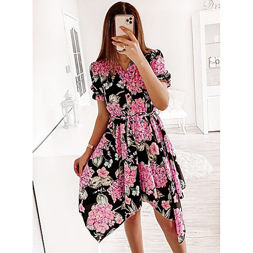 

Women's A Line Dress Knee Length Dress White safflower Sky blue flower Black Short Sleeve Floral Summer Casual Floral 2021 S M L XL 2XL