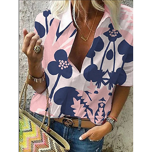 

Women's Floral Theme Blouse Shirt Floral Color Block Long Sleeve Print Shirt Collar Basic Streetwear Tops Blushing Pink