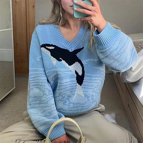 

Women's Stylish Animal Pullover Long Sleeve Sweater Cardigans V Neck Fall Winter Blue