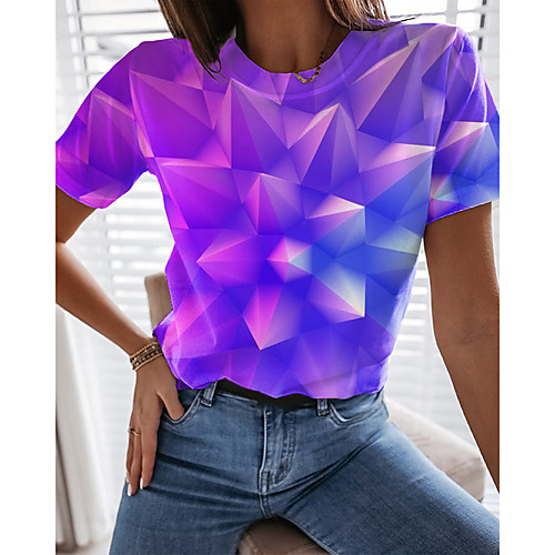 

Women's 3D Printed Geometric Painting T shirt Geometric 3D Print Round Neck Basic Tops Purple