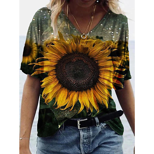 

Women's Floral Theme Painting T shirt Floral Graphic Sunflower Print V Neck Basic Tops Blue Purple Yellow