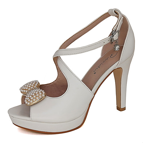 

Women's Wedding Shoes High Heel Open Toe Party Wedding Faux Leather Rhinestone Bowknot Imitation Pearl Solid Colored White