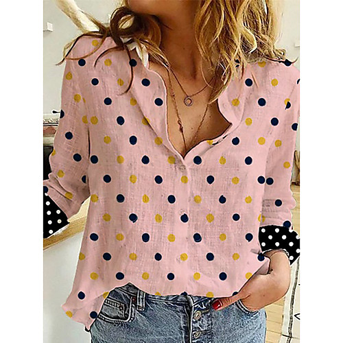 

Women's Blouse Shirt Polka Dot Long Sleeve Button Print Shirt Collar Basic Streetwear Tops Blue Yellow Blushing Pink