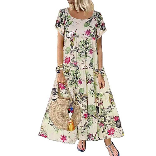 

Women's Swing Dress Maxi long Dress Purple Orange Short Sleeve Floral Print Spring Summer Casual Loose 2021 S M L XL XXL 3XL 4XL 5XL