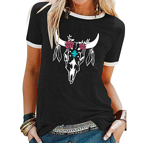 

Women's T shirt Graphic Cow Animal Patchwork Print Round Neck Basic Tops Purple Black Gray