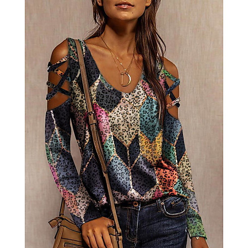

Women's Geometric Painting T shirt Color Block Geometric Leopard Long Sleeve Cut Out Print V Neck Basic Tops Rainbow