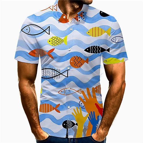 

Men's Shirt 3D Print Waves Fish Plus Size 3D Print Button-Down Short Sleeve Casual Tops Casual Fashion Breathable Comfortable Blue / Sports