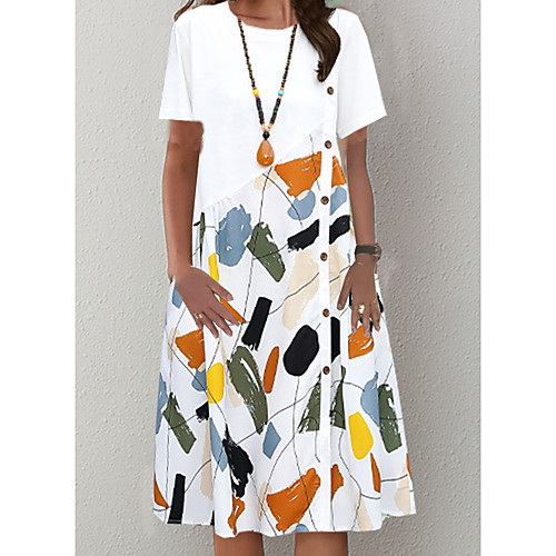 

Women's A Line Dress Knee Length Dress Blue White Black Short Sleeve Pattern Summer Casual 2021 M L XL 2XL 3XL / Cotton / Cotton