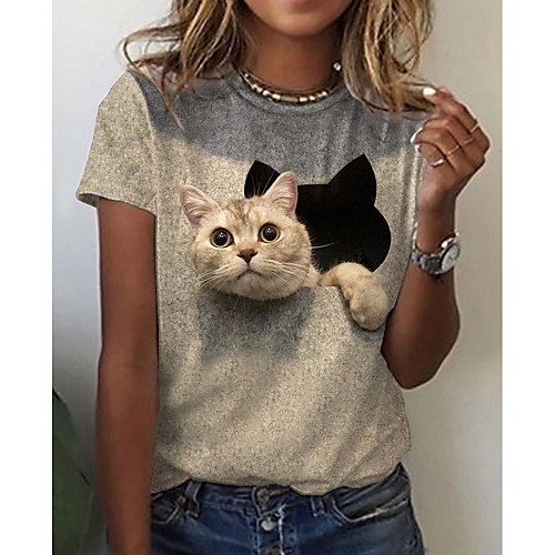 

Women's 3D Cat Painting T shirt Cat 3D Animal Print Round Neck Basic Tops Gray