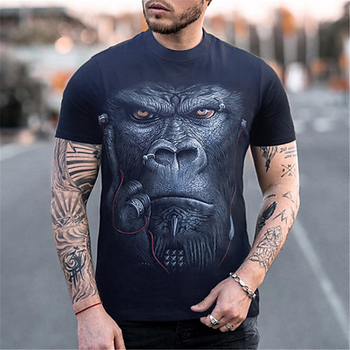 

Men's Tee T shirt Shirt 3D Print Graphic Prints Orangutan Print Short Sleeve Daily Tops Cotton Casual Designer Big and Tall Round Neck Blue Black / Summer