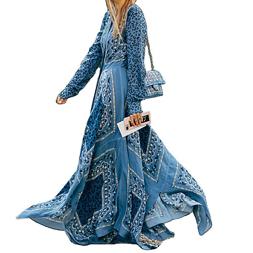 

Women's Swing Dress Maxi long Dress Light Blue Long Sleeve Geometric Summer V Neck Casual 2021 S M L XL