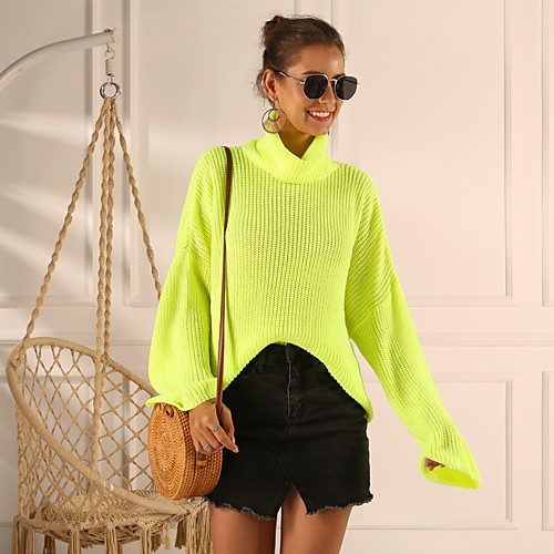 

Women's Solid Color Sweater Long Sleeve Sweater Cardigans High Neck fluorescent yellow Gray