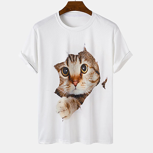 

Men's Unisex Tee T shirt Hot Stamping Cat Graphic Prints Plus Size Print Short Sleeve Casual Tops Cotton Basic Designer Big and Tall White