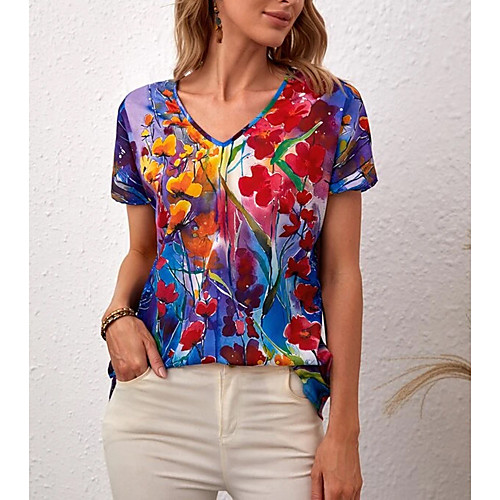 

Women's Floral Theme Abstract Painting T shirt Floral Graphic Print V Neck Basic Tops Blue