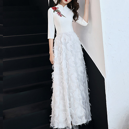 

A-Line Minimalist Vintage Party Wear Prom Dress High Neck 3/4 Length Sleeve Floor Length Lace Stretch Fabric with Appliques 2021