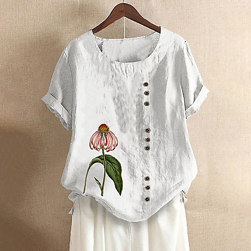 

Women's Floral Theme Blouse Flower Patchwork Print Round Neck Basic Tops Yellow Blushing Pink Green