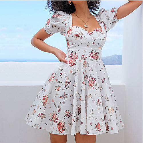 

Women's A Line Dress Short Mini Dress White Short Sleeve Tropical Leaf Floral Spring Summer Square Neck Chic & Modern Glamorous & Dramatic Holiday 2021 S M L XL XXL XXXL