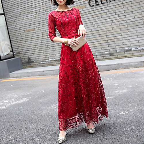 

Sheath / Column Elegant Floral Party Wear Prom Dress Jewel Neck Half Sleeve Ankle Length Tulle with Sash / Ribbon Bow(s) 2021