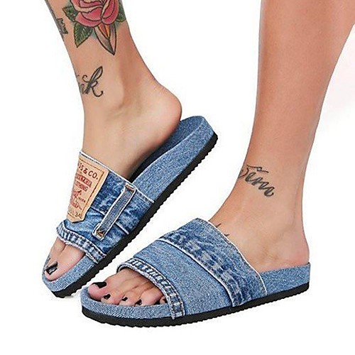 

Women's Sandals Outdoor Slippers Flat Heel Round Toe Denim Color Block Black Blue Gray