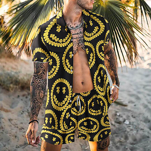 

Men's Shirt Suits Shirt Emoji Face Button-Down Short Sleeve Casual Tops Casual Fashion Hawaiian Breathable Yellow