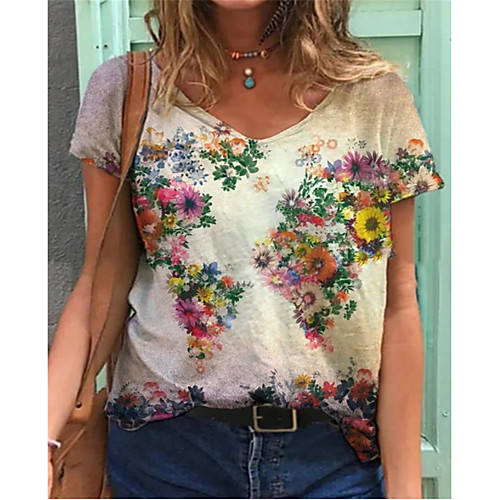 

Women's Floral Theme Painting T shirt Flower V Neck Basic Tops Rainbow