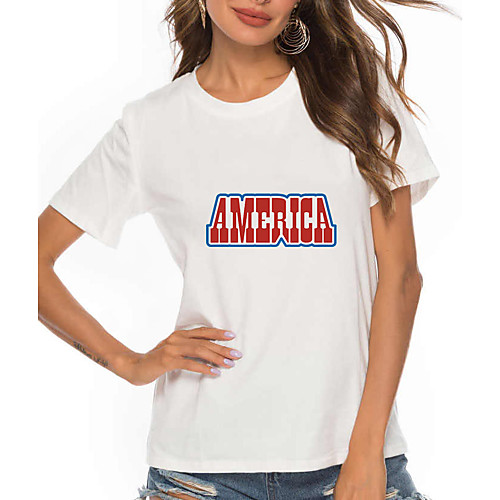 

Women's Painting T shirt USA Letter Print Round Neck Basic Tops 100% Cotton Gray White Black