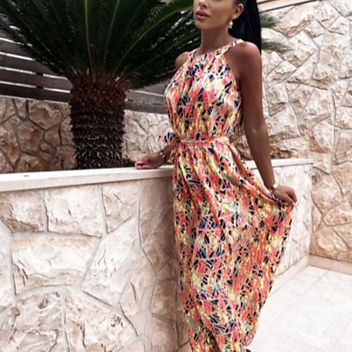 

Women's Swing Dress Maxi long Dress Yellow Green Red Brown Sleeveless Print Spring Summer Casual 2021 S M L XL 2XL