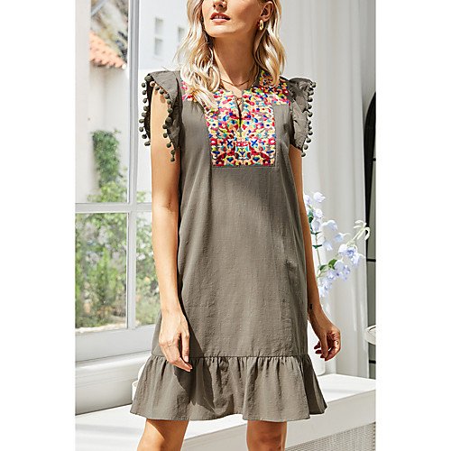 

Women's T Shirt Dress Tee Dress Short Mini Dress Black Dark Gray Red Sleeveless Floral Embroidered Tassel Fringe Ruffle Summer Round Neck Casual Holiday 2021 S M L XL / Cotton / Cotton