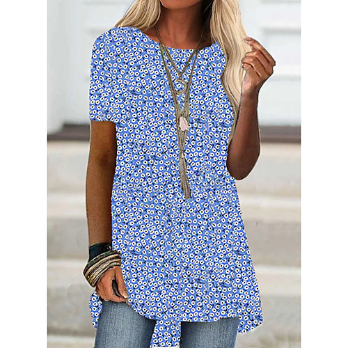 

Women's T shirt Dress Floral Print Round Neck Basic Tops Blue Red Yellow