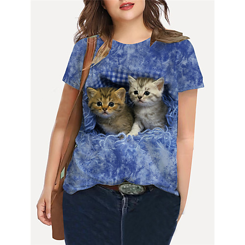 

Women's Plus Size Tops T shirt Cat Graphic Animal Print Short Sleeve Crewneck Basic Summer Blue Purple Big Size XL XXL 3XL 4XL 5XL