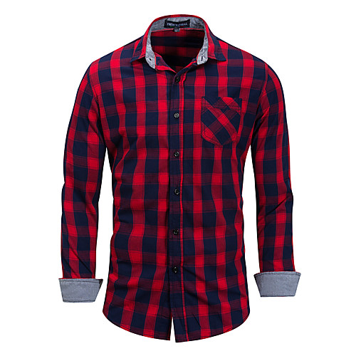 

Men's Shirt Plaid Button-Down Long Sleeve Street Tops Cotton Casual Comfortable Blue Red